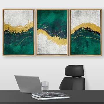 wall26 Framed Canvas Print Wall Art Set Geometric Gold Green Paint Strokes Abstract Shapes Illustrat...