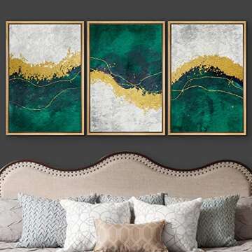 wall26 Framed Canvas Print Wall Art Set Geometric Gold Green Paint Strokes Abstract Shapes Illustrations Modern Art Decorative Multicolor Chic for Living Room, Bedroom, Office - 16"x24"x3 Natural