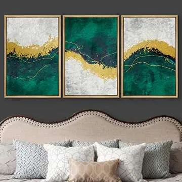 wall26 Framed Canvas Print Wall Art Set Geometric Gold Green Paint Strokes Abstract Shapes Illustrations Modern Art Decorative Multicolor Chic for Living Room, Bedroom, Office - 16"x24"x3 Natural