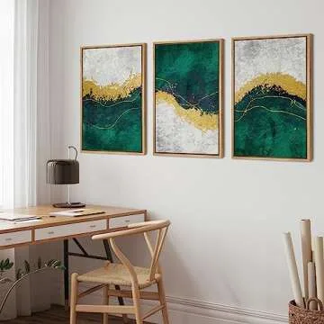 wall26 Framed Canvas Print Wall Art Set Geometric Gold Green Paint Strokes Abstract Shapes Illustrations Modern Art Decorative Multicolor Chic for Living Room, Bedroom, Office - 16"x24"x3 Natural