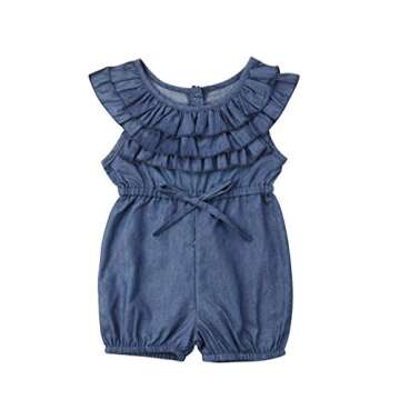 Karuedoo Toddler Baby Girls Ruffles Sleeveless Denim Romper Bodysuit Jumpsuit Jeans Shorts Outfits (12-18M, Blue)