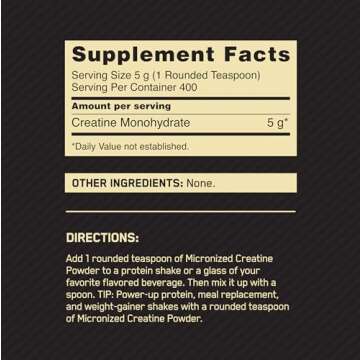 Optimum Nutrition Micronized Creatine Monohydrate Powder, Unflavored, 400 Servings, 2000 Grams (Pack...