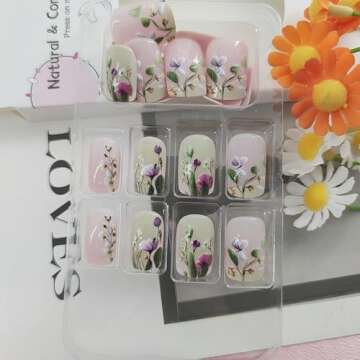 Short Press on Nails - 24 Pcs Floral Designs Green and Pink Acrylic Nails