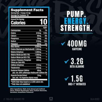 Ryse Project Blackout Pre Workout | Pump, Energy, and Strength | with Caffeine, Vitacholine, Nitrates, and Theobromine | 25 Servings (Baja Burst)