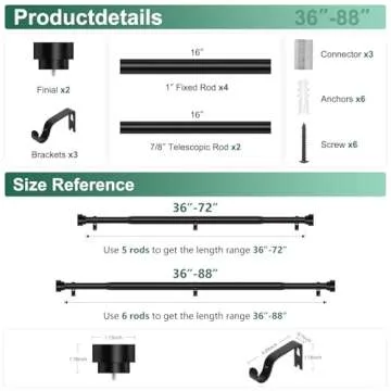 Black Curtain Rods for Windows 48 to 84 Inch(4-7ft),1 Inch Diameter Heavy Duty Curtain Rods,Adjustable Curtain Rod,Modern Decorative Drapery Rods,Telescoping Window Curtains Rod 36-88",Matte Black