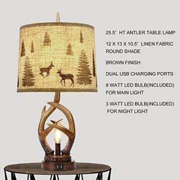 Scenekoy Rustic Farmhouse Antlers Table Lamp Set of 2 with Nightlight Dual USB Ports Linen Fabric Ro...