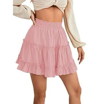 LYANER Women's Elastic Waist Pleated Layered Ruffle Hem Flowy A Line Short Skirt Dusty Pink2 Medium