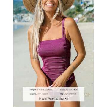 CUPSHE Women's One Piece Swimsuit Tummy Control Square Neck Bathing Suit Ruched Adjustable Straps, XS Mulberry Purple