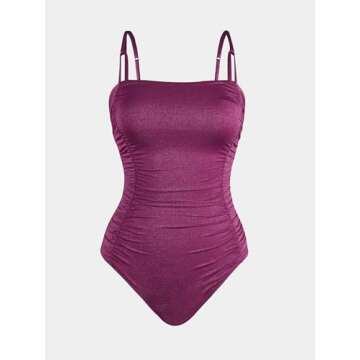 CUPSHE Women's One Piece Swimsuit Tummy Control Square Neck Bathing Suit Ruched Adjustable Straps, XS Mulberry Purple