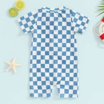KtwHarnu Toddler Baby Boy Girl Swimsuit Checkered One Piece Swimwear Short Sleeve Zipper Rash Guard ...