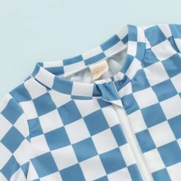 KtwHarnu Toddler Baby Boy Girl Swimsuit Checkered One Piece Swimwear Short Sleeve Zipper Rash Guard Beach Bathing Suit (Blue, 18-24 Months)