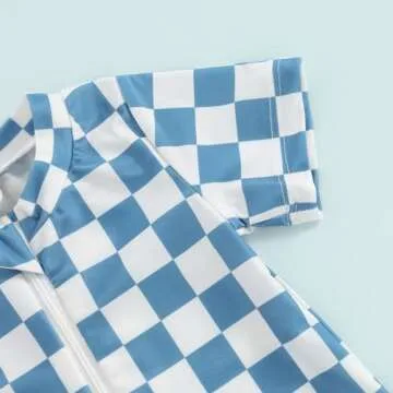 KtwHarnu Toddler Baby Boy Girl Swimsuit Checkered One Piece Swimwear Short Sleeve Zipper Rash Guard Beach Bathing Suit (Blue, 18-24 Months)