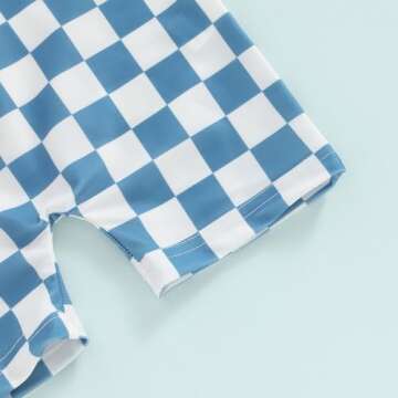 KtwHarnu Toddler Baby Boy Girl Swimsuit Checkered One Piece Swimwear Short Sleeve Zipper Rash Guard Beach Bathing Suit (Blue, 18-24 Months)