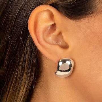 MUYAN Silver Curved Square Chunky Thick Earrings, Dainty Gold Chunky Stud Earrings Everyday Lightweight Jewelry