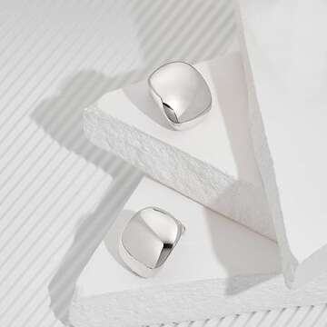 MUYAN Silver Curved Square Chunky Thick Earrings, Dainty Gold Chunky Stud Earrings Everyday Lightweight Jewelry