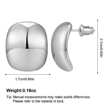 MUYAN Silver Curved Square Chunky Thick Earrings, Dainty Gold Chunky Stud Earrings Everyday Lightweight Jewelry