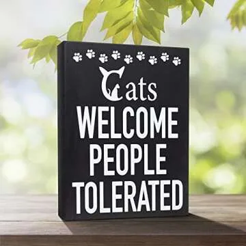 JennyGems Funny Cat Owner Gift - Cats Welcome, People Tolerated Wooden Sign, Cat Mom Decor, Made in USA, Christmas Gift for Cat Lovers