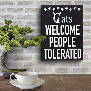 JennyGems Funny Cat Owner Gift - Cats Welcome, People Tolerated Wooden Sign, Cat Mom Decor, Made in USA, Christmas Gift for Cat Lovers