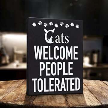 JennyGems Funny Cat Owner Gift - Cats Welcome, People Tolerated Wooden Sign, Cat Mom Decor, Made in USA, Christmas Gift for Cat Lovers