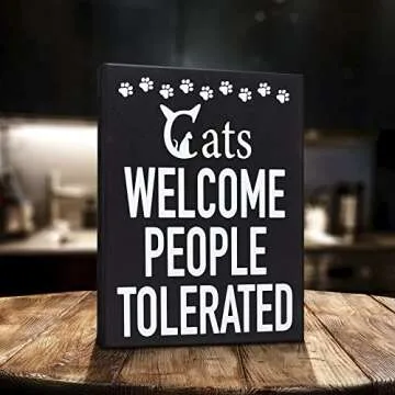 JennyGems Funny Cat Owner Gift - Cats Welcome, People Tolerated Wooden Sign, Cat Mom Decor, Made in USA, Christmas Gift for Cat Lovers