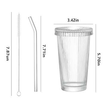 Beereraver Drinking Glasses Set of 4, Ribbed Cocktail Glasses with Lids and Straws