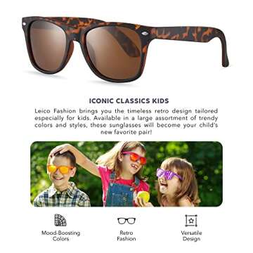 LEICO FASHION Kids Polarized Retro Sunglasses For Boys Girls Age 3-12 Shatterproof Rubberized Frame ...