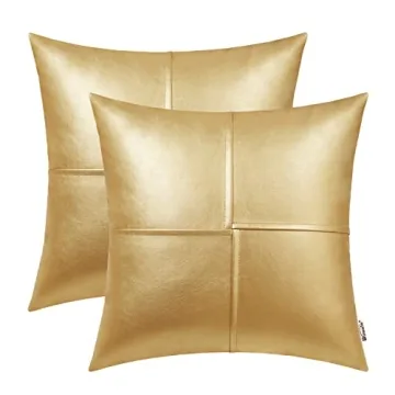 BRAWARM Faux Leather Throw Pillow Covers 18 X 18 Inches, Gold Leather Pillow Covers Pack of 2, Hand ...