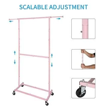 Fishat White Simple Standard Double Rod Rolling Clothing Garment Rack for Hanging Clothes, Metal Clothes Organizer with Lockable Wheels Mobile for Women, Girls and Kids, Portable Freestanding