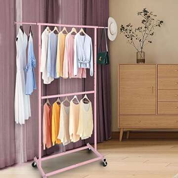 Fishat White Simple Standard Double Rod Rolling Clothing Garment Rack for Hanging Clothes, Metal Clothes Organizer with Lockable Wheels Mobile for Women, Girls and Kids, Portable Freestanding