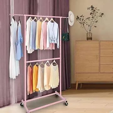 Fishat White Simple Standard Double Rod Rolling Clothing Garment Rack for Hanging Clothes, Metal Clothes Organizer with Lockable Wheels Mobile for Women, Girls and Kids, Portable Freestanding