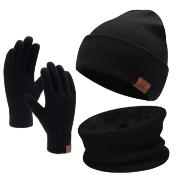Winter Men's 3-Piece Warm Beanie, Scarf & Touch Screen Gloves Set - Black