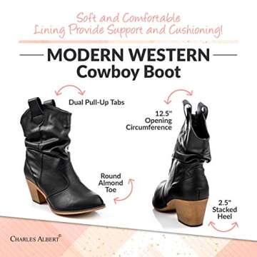 Charles Albert Modern Western Cowboy Boots for Women Ladies Stacked Heel Ankle Cowgirl Boots with Pull-Up Tabs in Black Size 9