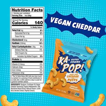 Ka-Pop! Popped Puffs - Vegan Cheddar | Gluten, Corn and Dairy Free - Kosher Sorghum Paleo Non-GMO Vegan Whole Grain Snacks - As Seen on Shark Tank (1 oz, 24 Pack)