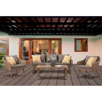 Mod Furniture Jaden 4-Piece Modern Outdoor Conversation Set with Hand Woven All-Weather Wicker and Stylish Mid Century Faux Wood Accents