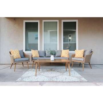 Mod Furniture Jaden 4-Piece Modern Outdoor Conversation Set with Hand Woven All-Weather Wicker and Stylish Mid Century Faux Wood Accents