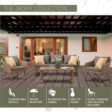 Mod Furniture Jaden 4-Piece Modern Outdoor Conversation Set with Hand Woven All-Weather Wicker and Stylish Mid Century Faux Wood Accents