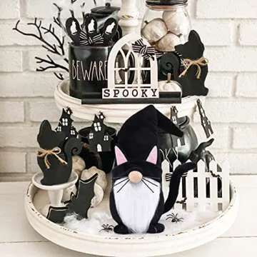 Upltowtme Black Cat Gnome Spring Decorations Collectible Figurines Gnome Plush Farmhouse Home Gift for Women