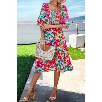 PRETTYGARDEN Women's Summer Dresses 2025 Casual Spring Puff Sleeve Square Neck Smocked Dress A-line Flowy Boho Floral Beach Vacation Sundress (Apricot Red Flower,L)