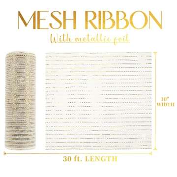 MEEDEE White Mesh Ribbon White Deco Mesh Ribbon 10 Inch White and Gold Mesh Ribbon Metallic Mesh Roll for Wreaths Basket Craft Supplies (30 Feet)