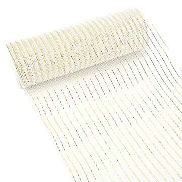 MEEDEE White Mesh Ribbon White Deco Mesh Ribbon 10 Inch White and Gold Mesh Ribbon Metallic Mesh Roll for Wreaths Basket Craft Supplies (30 Feet)