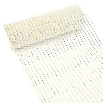 MEEDEE White Mesh Ribbon White Deco Mesh Ribbon 10 Inch White and Gold Mesh Ribbon Metallic Mesh Roll for Wreaths Basket Craft Supplies (30 Feet)