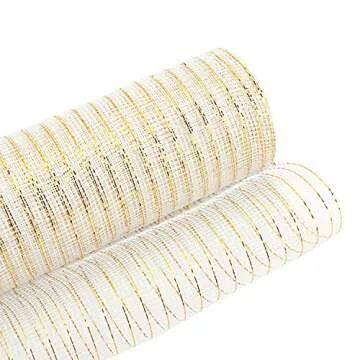 MEEDEE White Mesh Ribbon White Deco Mesh Ribbon 10 Inch White and Gold Mesh Ribbon Metallic Mesh Roll for Wreaths Basket Craft Supplies (30 Feet)