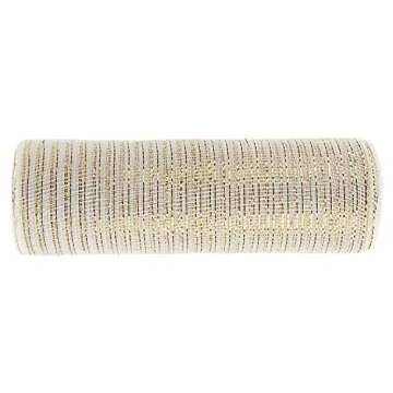MEEDEE White Mesh Ribbon White Deco Mesh Ribbon 10 Inch White and Gold Mesh Ribbon Metallic Mesh Roll for Wreaths Basket Craft Supplies (30 Feet)