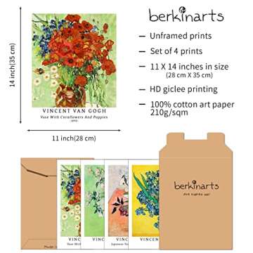 Berkin Arts Wall Art Unframed Prints Giclee Art Paper Set of 4, 11x14 inch Flower Artwork, College D...