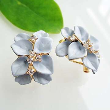 Navachi 18k Gold Plated Clear Crystal Gray Enamel Leaves Flower Omega Earrings