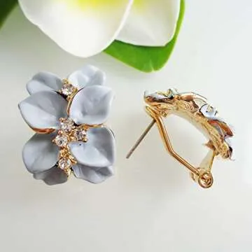 Navachi 18k Gold Plated Clear Crystal Gray Enamel Leaves Flower Omega Earrings