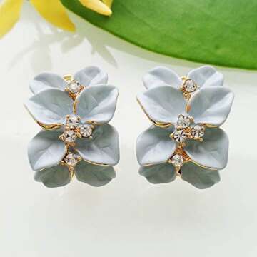 Navachi 18k Gold Plated Clear Crystal Gray Enamel Leaves Flower Omega Earrings