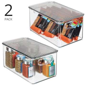 mDesign Plastic Deep Storage Bin Box Container with Lid and Built-In Handles - Organization for Fruit, Snacks, or Food in Kitchen Pantry, Cabinet, Cupboard, Ligne Collection, 2 Pack, Clear/Smoke Gray