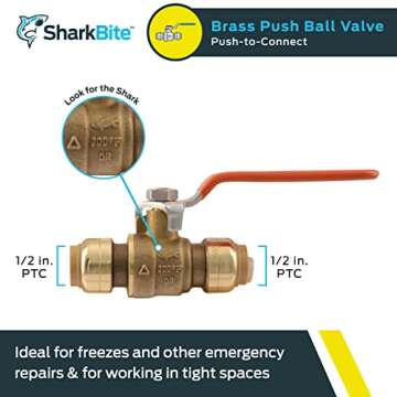 SharkBite 22222-0000LF Brass 1/2 Inch Ball Valve, Push to Connect Plumbing Fitting, Water Shut Off, ...