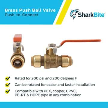 SharkBite 22222-0000LF Brass 1/2 Inch Ball Valve, Push to Connect Plumbing Fitting, Water Shut Off, PEX Pipe, Copper, CPVC, PE-RT, HDPE, 22222-0000LFA, 1/2